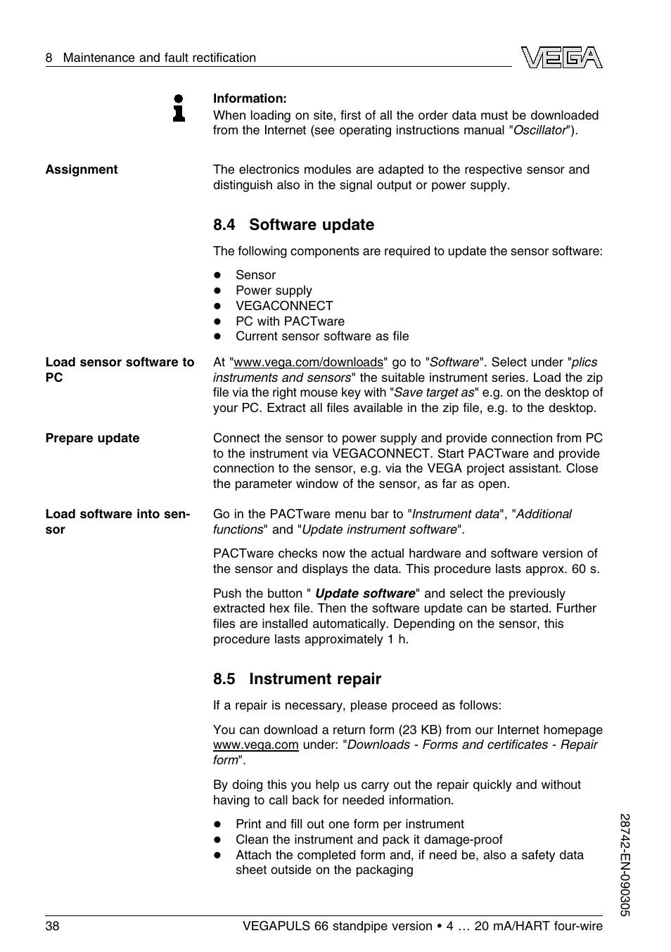 4 software update, 5 instrument repair | VEGA VEGAPULS 66 (≥ 2.0.0 - ≤ 3.8) standpipe ver. 4 … 20 mA_HART four-wire User Manual | Page 38 / 52