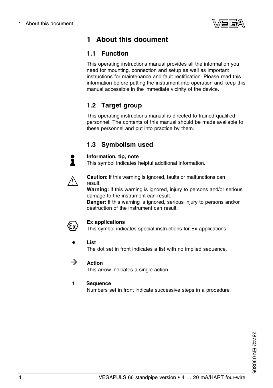1 about this document, 1 function, 2 target group | 3 symbolism used | VEGA VEGAPULS 66 (≥ 2.0.0 - ≤ 3.8) standpipe ver. 4 … 20 mA_HART four-wire User Manual | Page 4 / 52