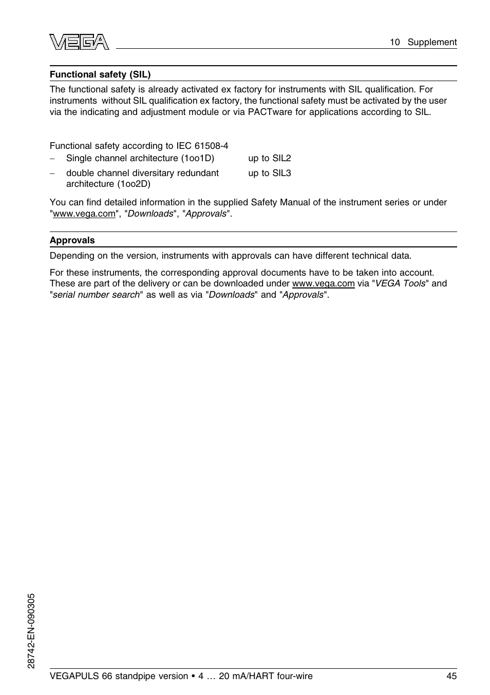 VEGA VEGAPULS 66 (≥ 2.0.0 - ≤ 3.8) standpipe ver. 4 … 20 mA_HART four-wire User Manual | Page 45 / 52