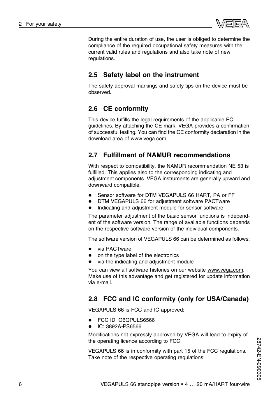 5 safety label on the instrument, 6 ce conformity, 7 fulfillment of namur recommendations | 8 fcc and ic conformity (only for usa/canada), 7 fulﬁllment of namur recommendations | VEGA VEGAPULS 66 (≥ 2.0.0 - ≤ 3.8) standpipe ver. 4 … 20 mA_HART four-wire User Manual | Page 6 / 52