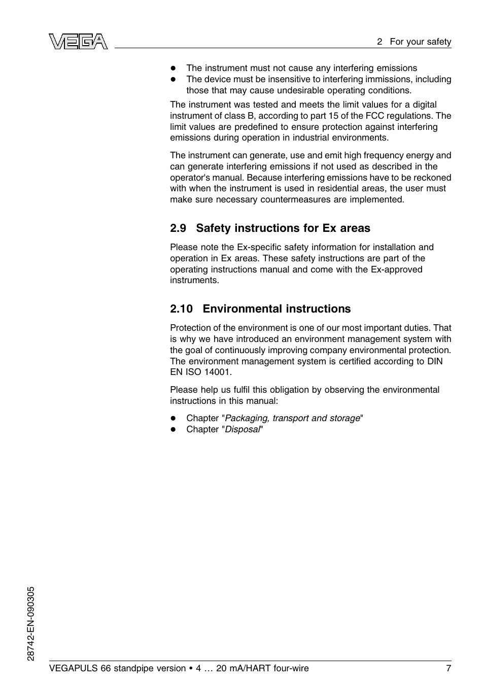 9 safety instructions for ex areas, 10 environmental instructions | VEGA VEGAPULS 66 (≥ 2.0.0 - ≤ 3.8) standpipe ver. 4 … 20 mA_HART four-wire User Manual | Page 7 / 52