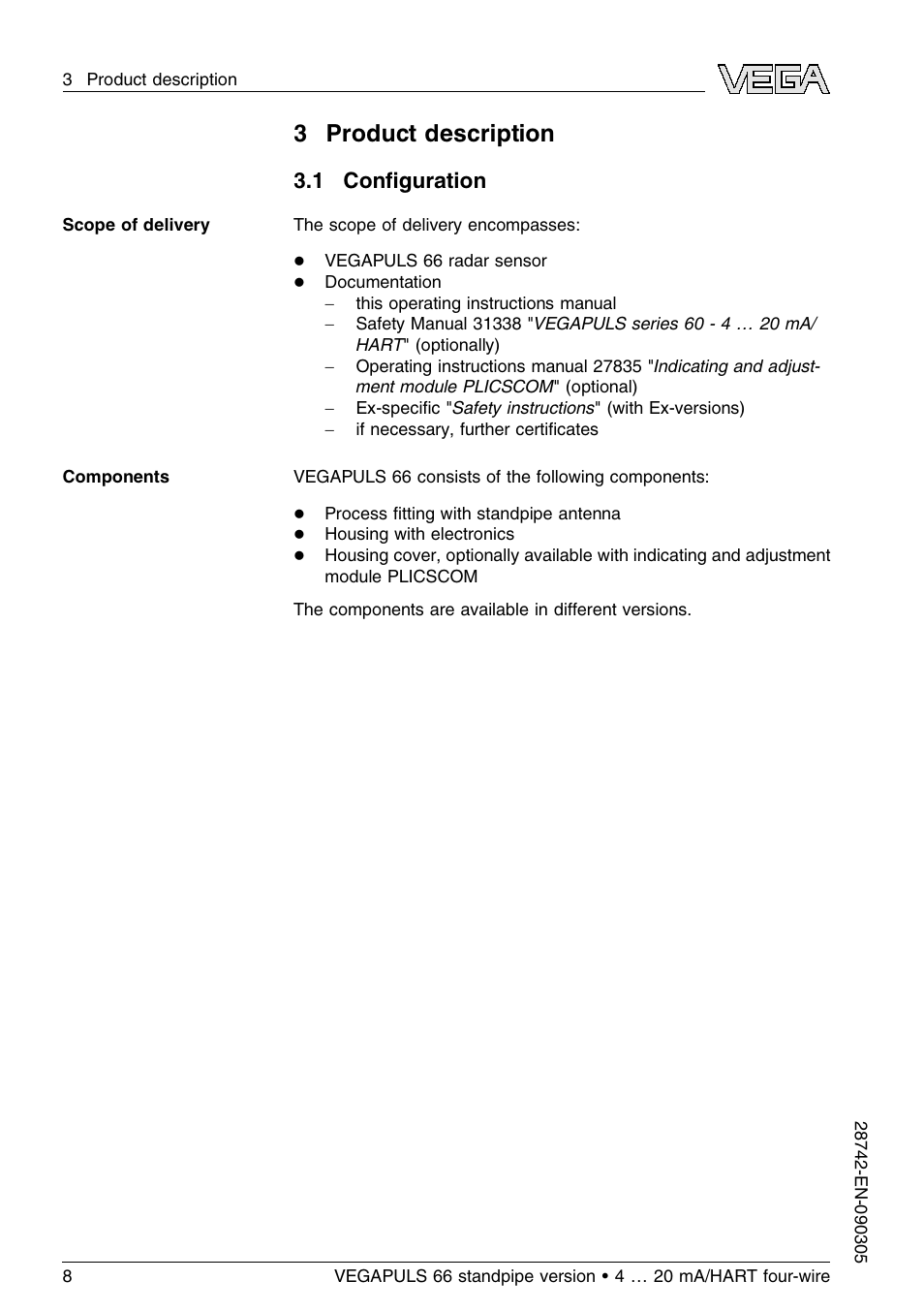 3 product description, 1 configuration, 1 conﬁguration | VEGA VEGAPULS 66 (≥ 2.0.0 - ≤ 3.8) standpipe ver. 4 … 20 mA_HART four-wire User Manual | Page 8 / 52