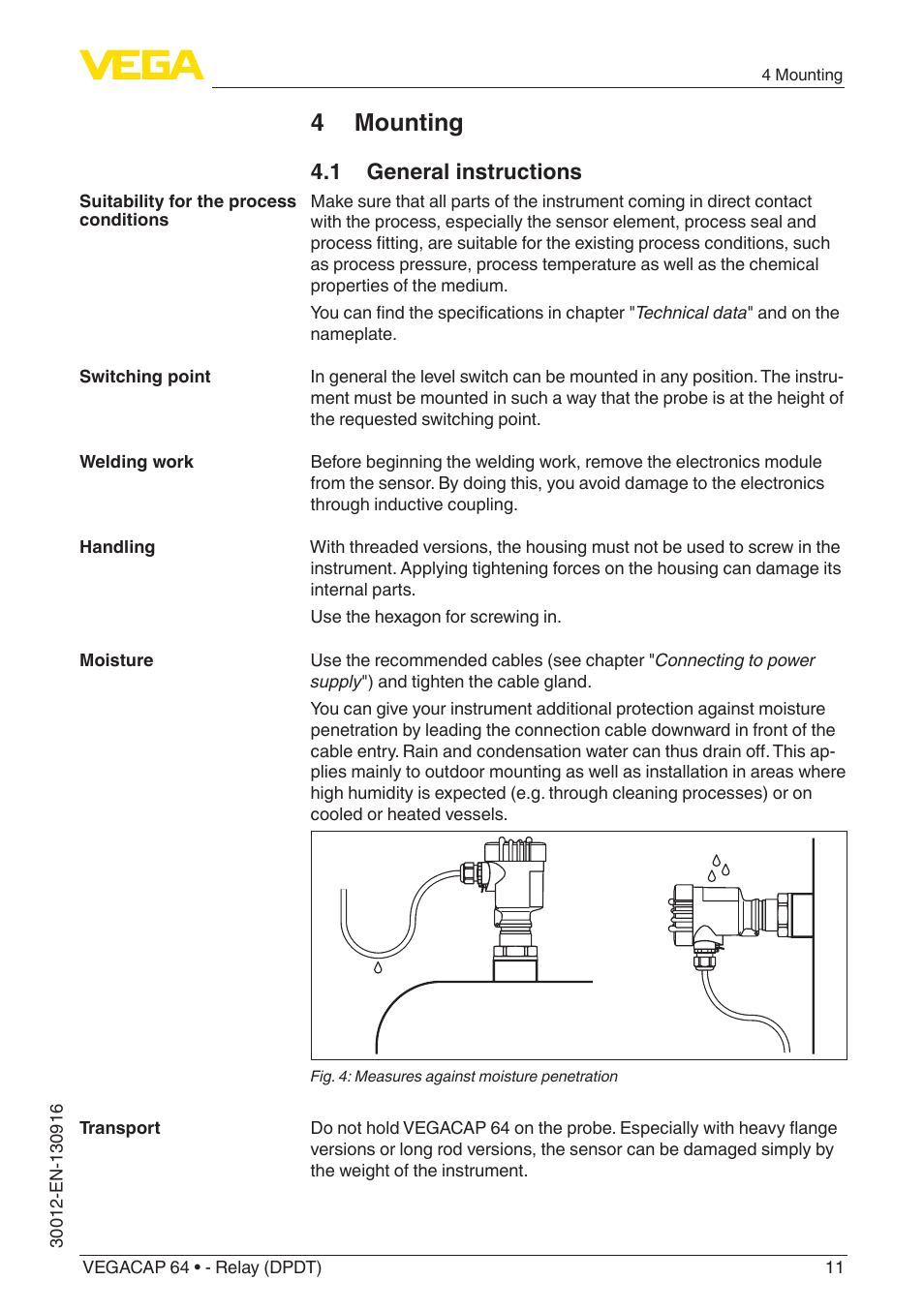 4 mounting, 1 general instructions | VEGA VEGACAP 64 - Relay (DPDT) User Manual | Page 11 / 32