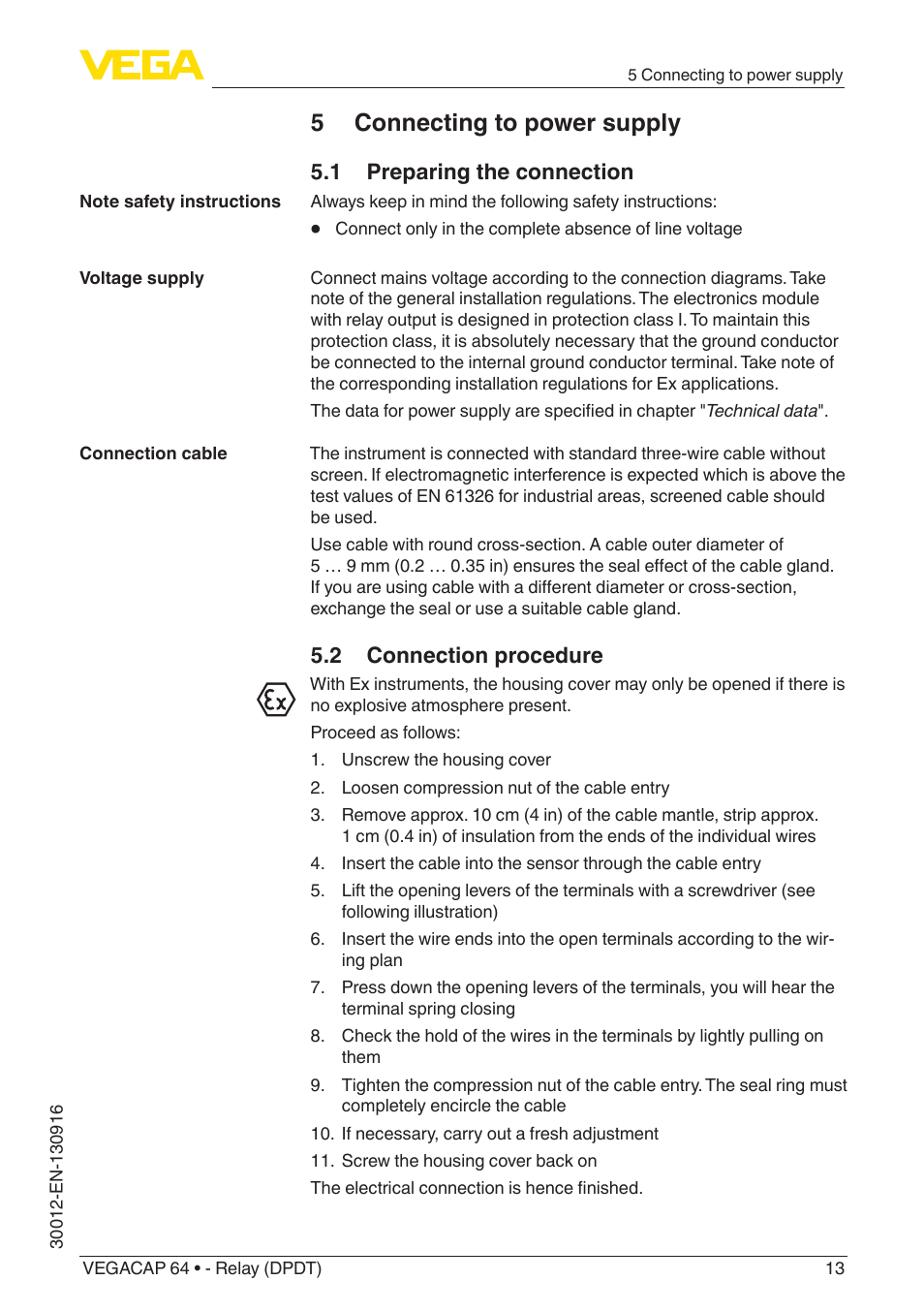 5 connecting to power supply, 1 preparing the connection, 2 connection procedure | VEGA VEGACAP 64 - Relay (DPDT) User Manual | Page 13 / 32