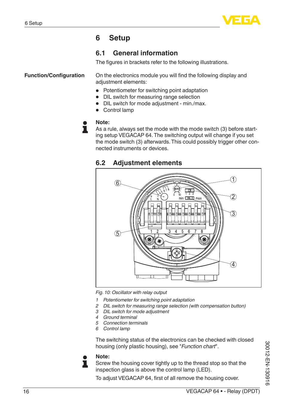 6 setup, 1 general information, 2 adjustment elements | VEGA VEGACAP 64 - Relay (DPDT) User Manual | Page 16 / 32