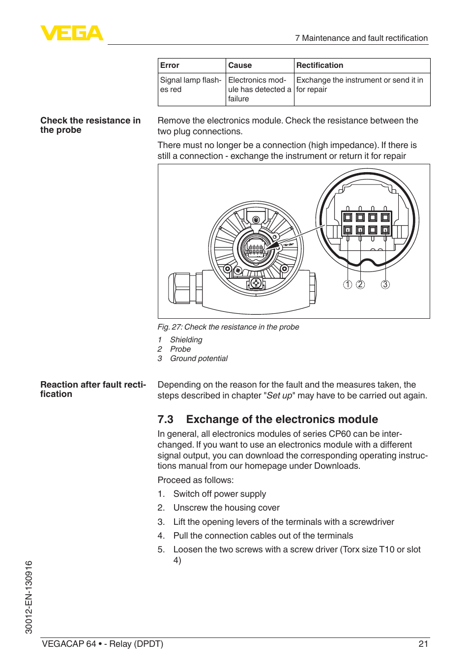 3 exchange of the electronics module | VEGA VEGACAP 64 - Relay (DPDT) User Manual | Page 21 / 32