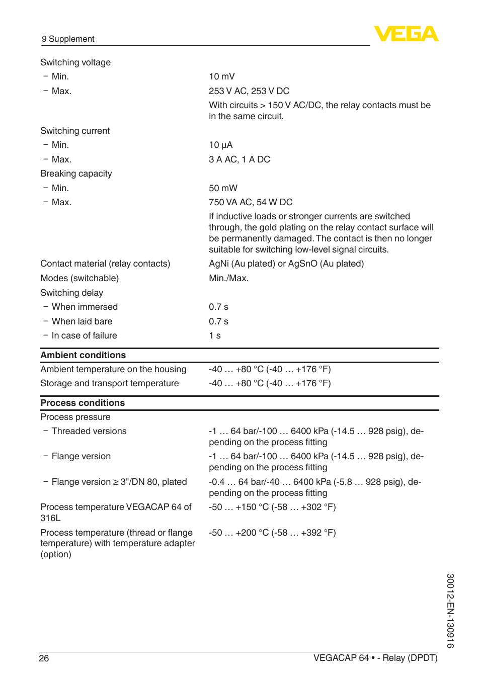 VEGA VEGACAP 64 - Relay (DPDT) User Manual | Page 26 / 32