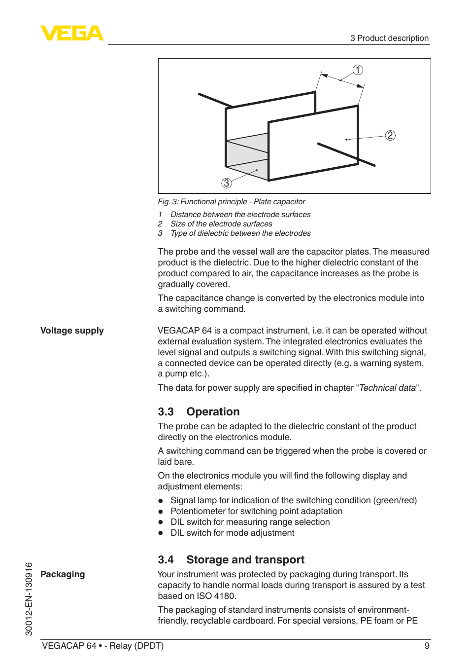 3 operation, 4 storage and transport | VEGA VEGACAP 64 - Relay (DPDT) User Manual | Page 9 / 32