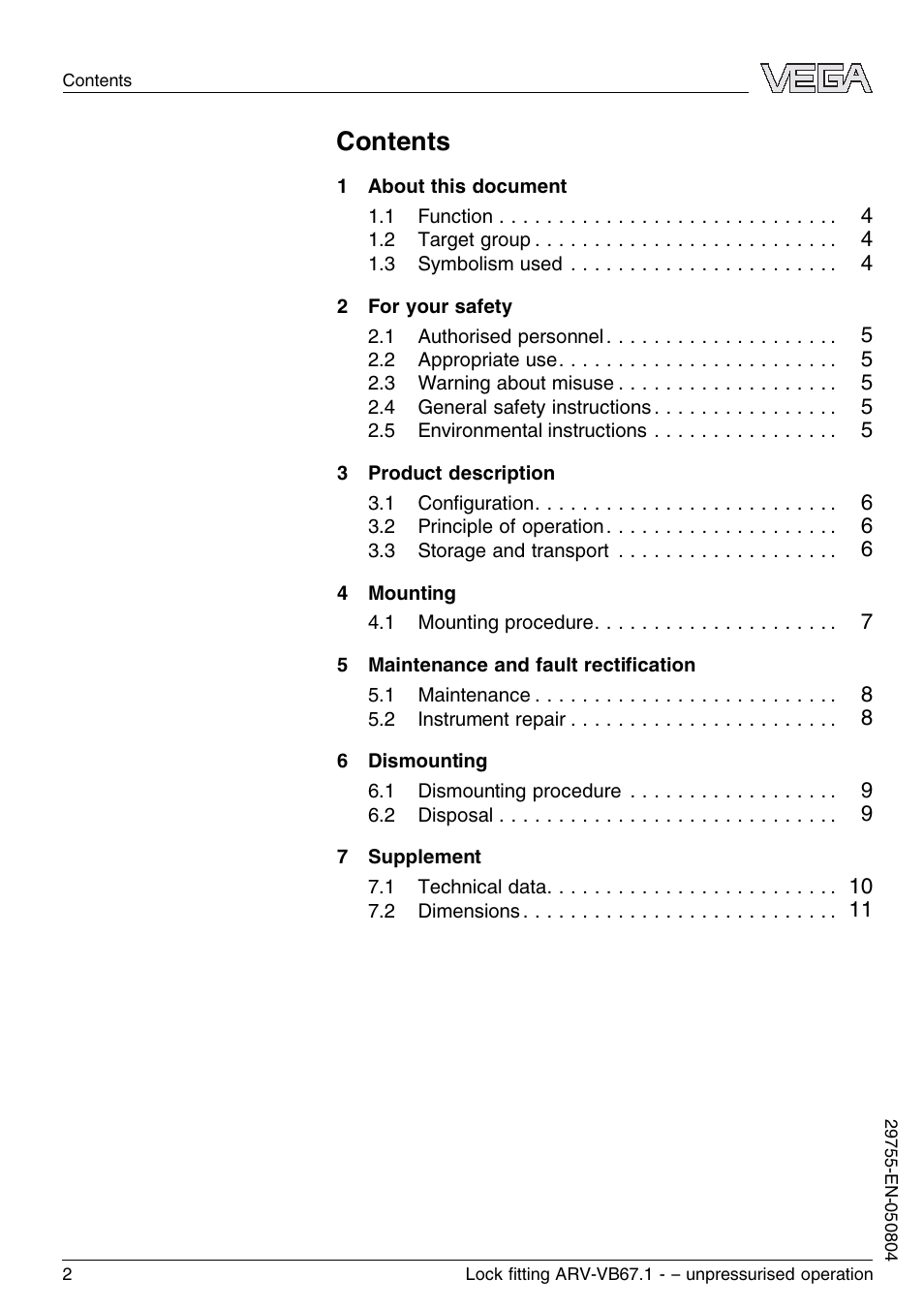 VEGA VEGAVIB 67 Lock ﬁtting ARV-VB67.1 – unpressurised operation User Manual | Page 2 / 12