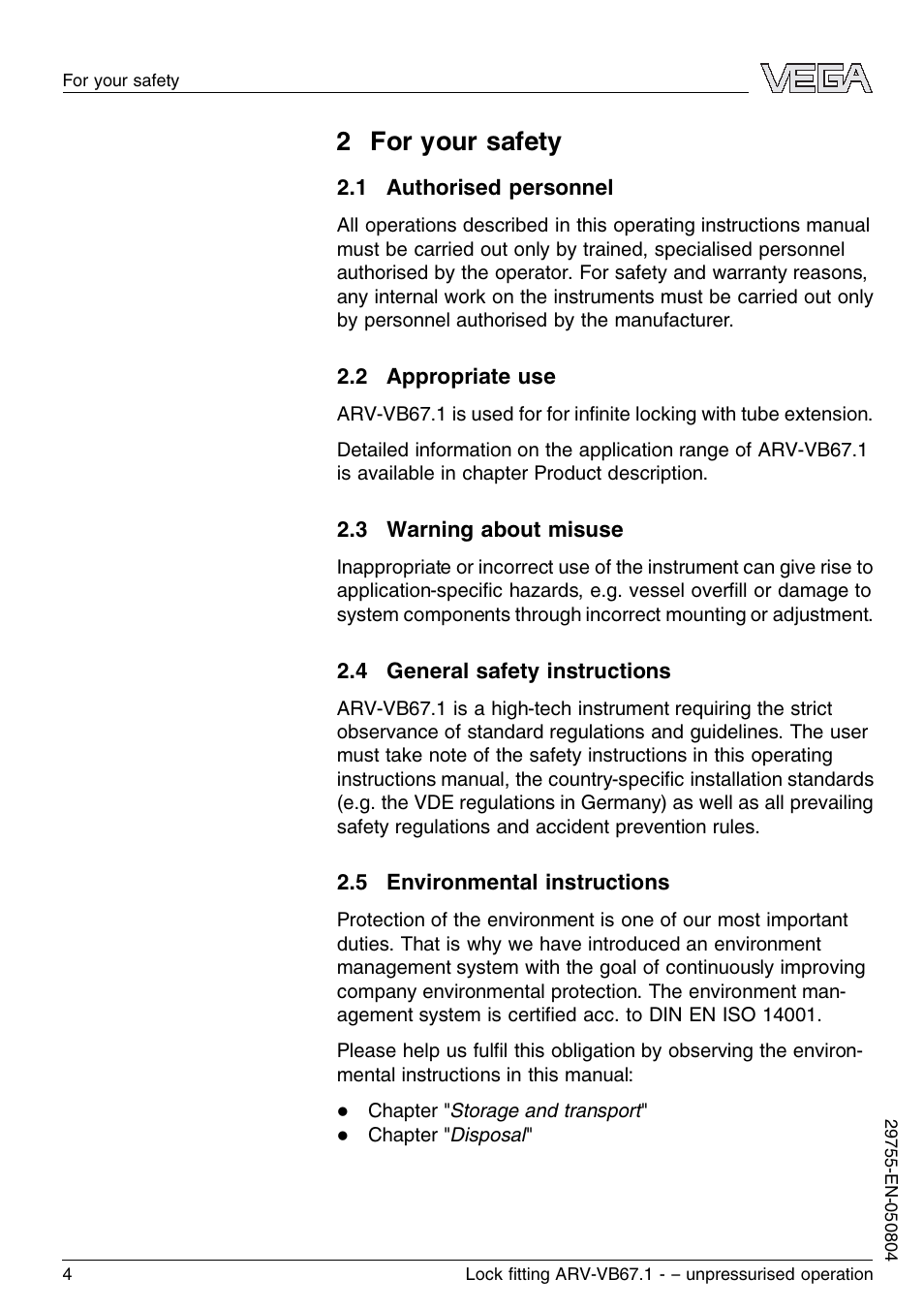 2 for your safety, 1 authorised personnel, 2 appropriate use | 3 warning about misuse, 4 general safety instructions, 5 environmental instructions | VEGA VEGAVIB 67 Lock ﬁtting ARV-VB67.1 – unpressurised operation User Manual | Page 4 / 12