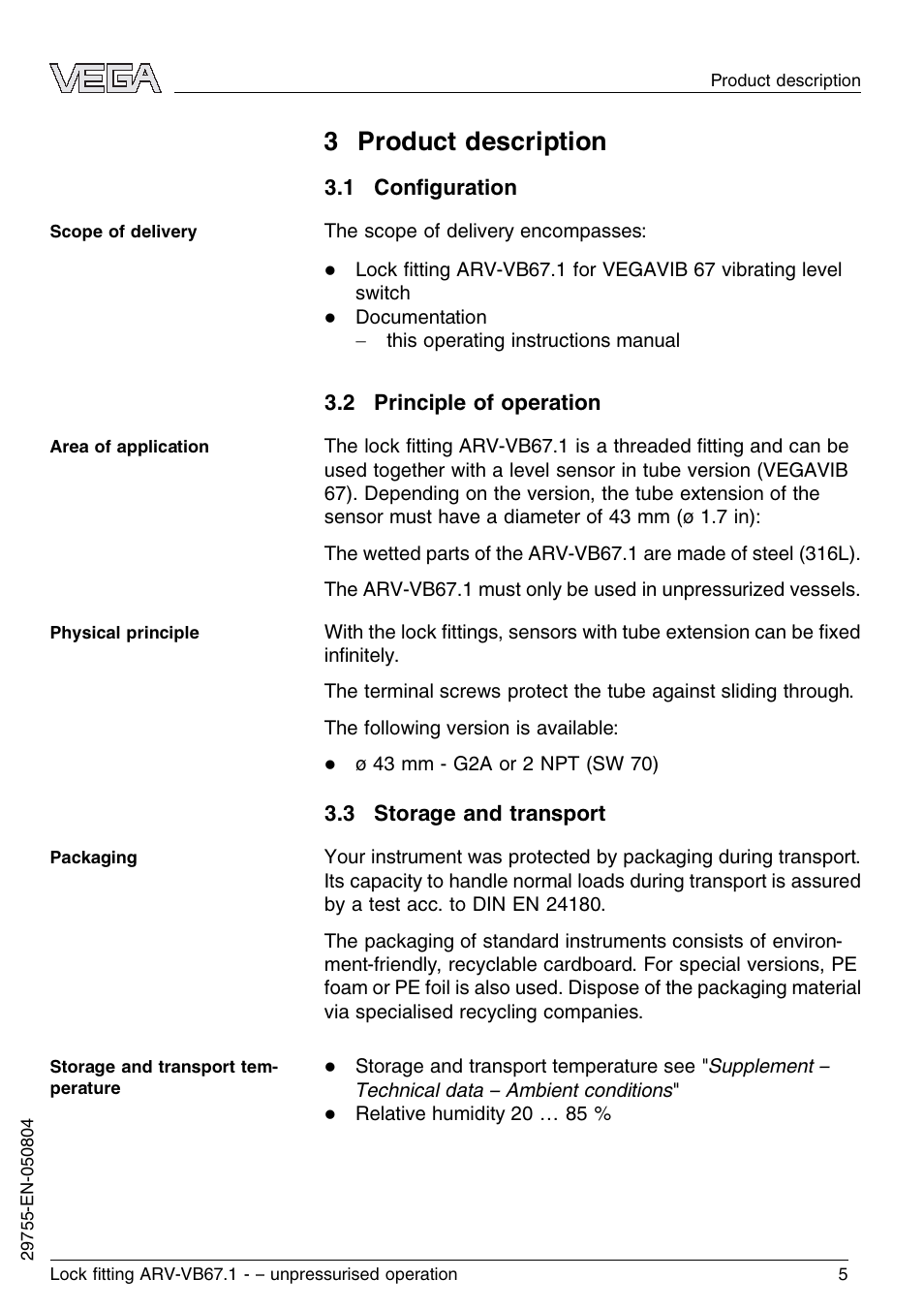 3 product description, 1 configuration, 2 principle of operation | 3 storage and transport | VEGA VEGAVIB 67 Lock ﬁtting ARV-VB67.1 – unpressurised operation User Manual | Page 5 / 12