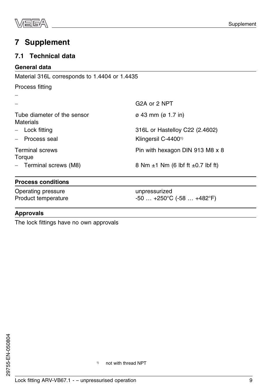 7 supplement, 1 technical data | VEGA VEGAVIB 67 Lock ﬁtting ARV-VB67.1 – unpressurised operation User Manual | Page 9 / 12