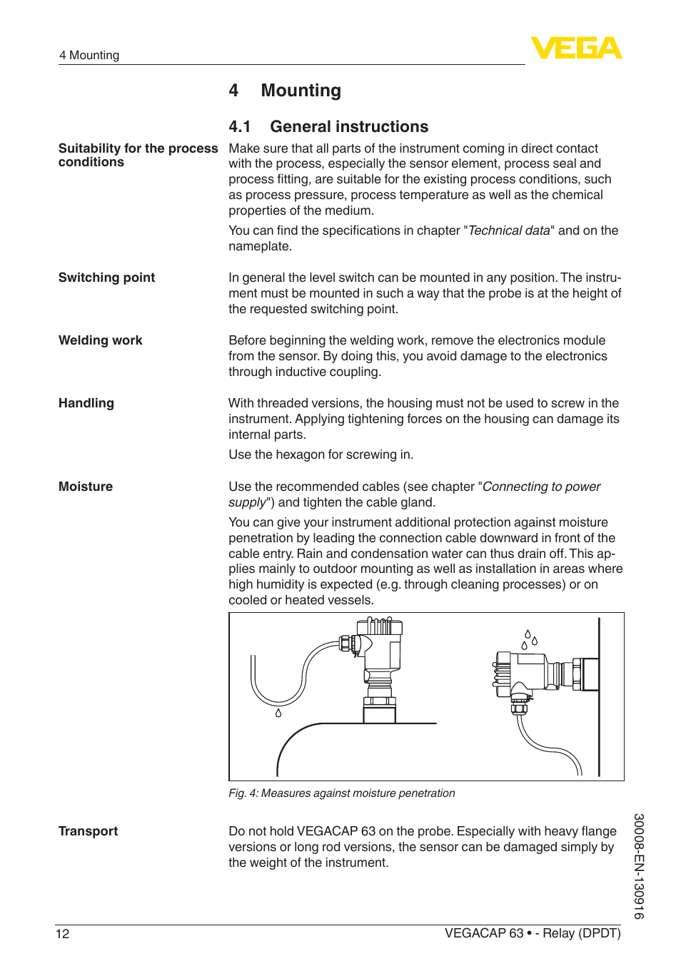 4 mounting, 1 general instructions | VEGA VEGACAP 63 - Relay (DPDT) User Manual | Page 12 / 36