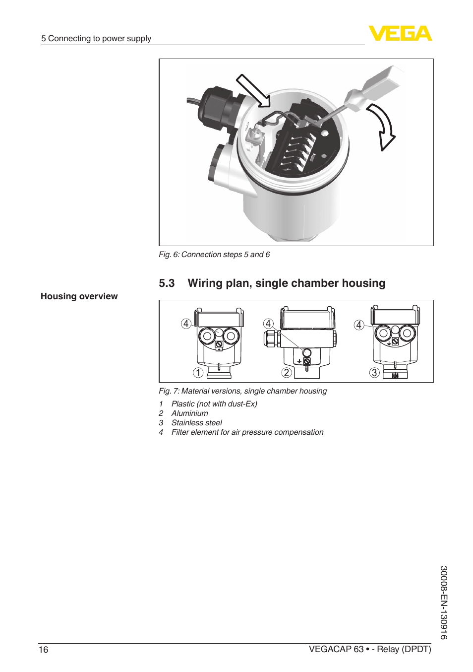 3 wiring plan, single chamber housing | VEGA VEGACAP 63 - Relay (DPDT) User Manual | Page 16 / 36
