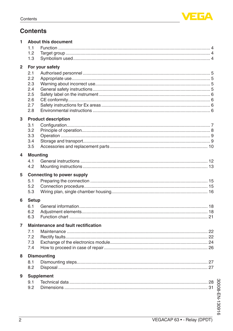 VEGA VEGACAP 63 - Relay (DPDT) User Manual | Page 2 / 36