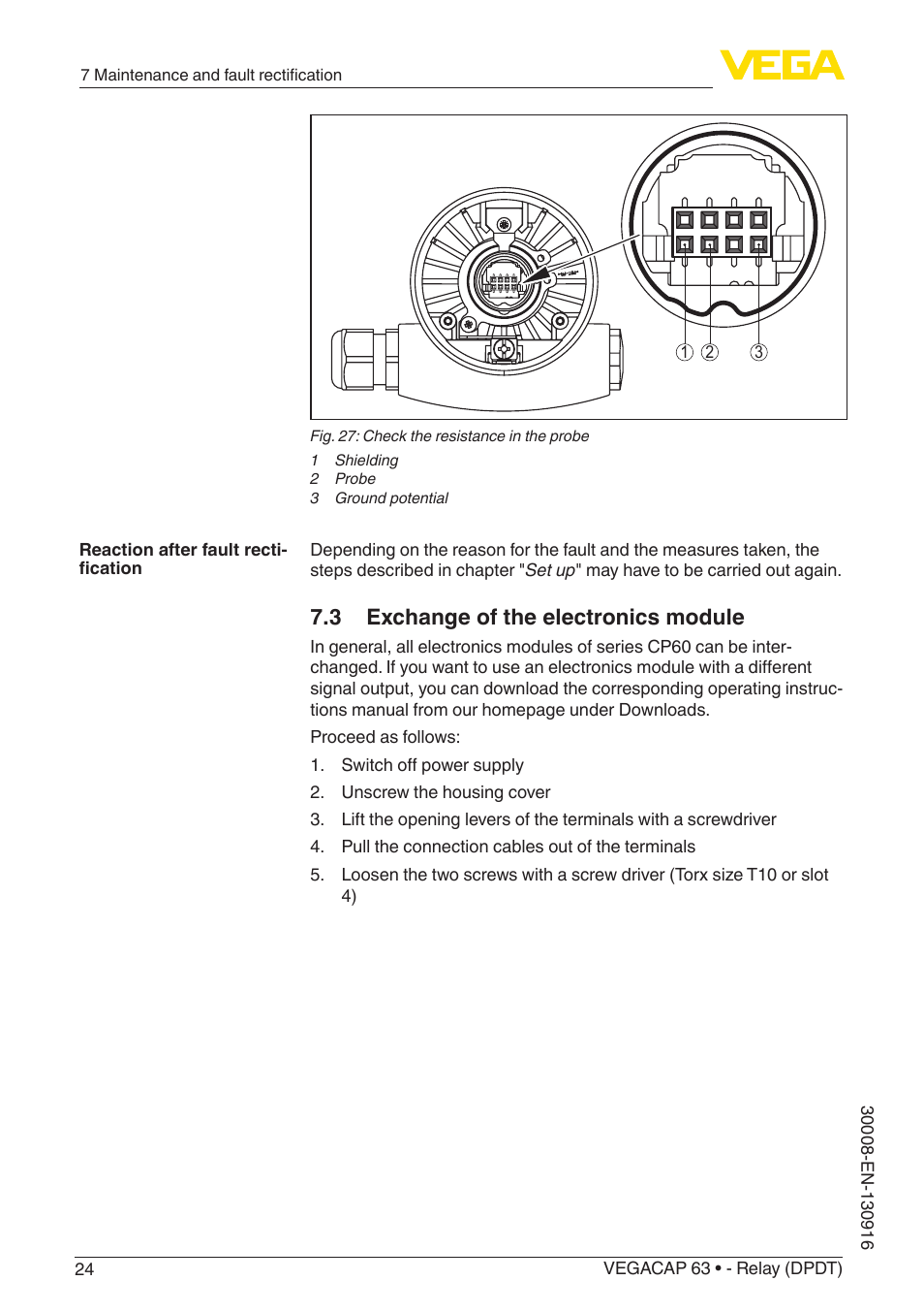 3 exchange of the electronics module | VEGA VEGACAP 63 - Relay (DPDT) User Manual | Page 24 / 36