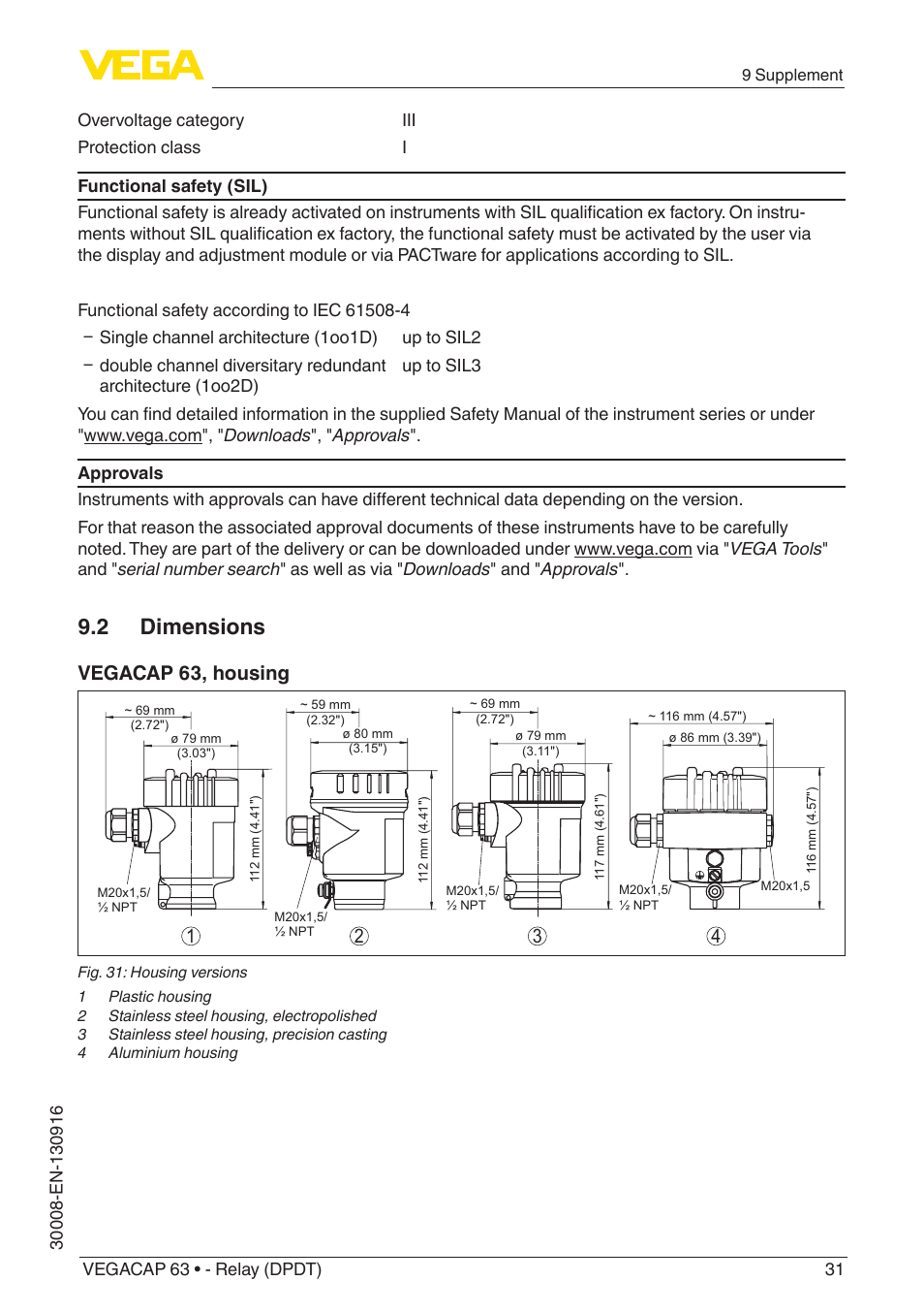 2 dimensions, Vegacap 63, housing | VEGA VEGACAP 63 - Relay (DPDT) User Manual | Page 31 / 36