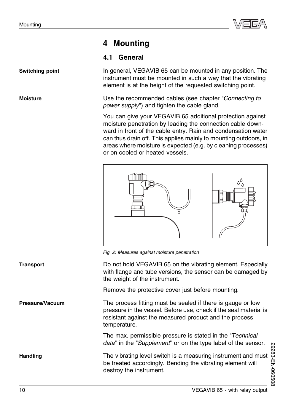 4 mounting, 1 general | VEGA VEGAVIB 65 - relay output User Manual | Page 10 / 36