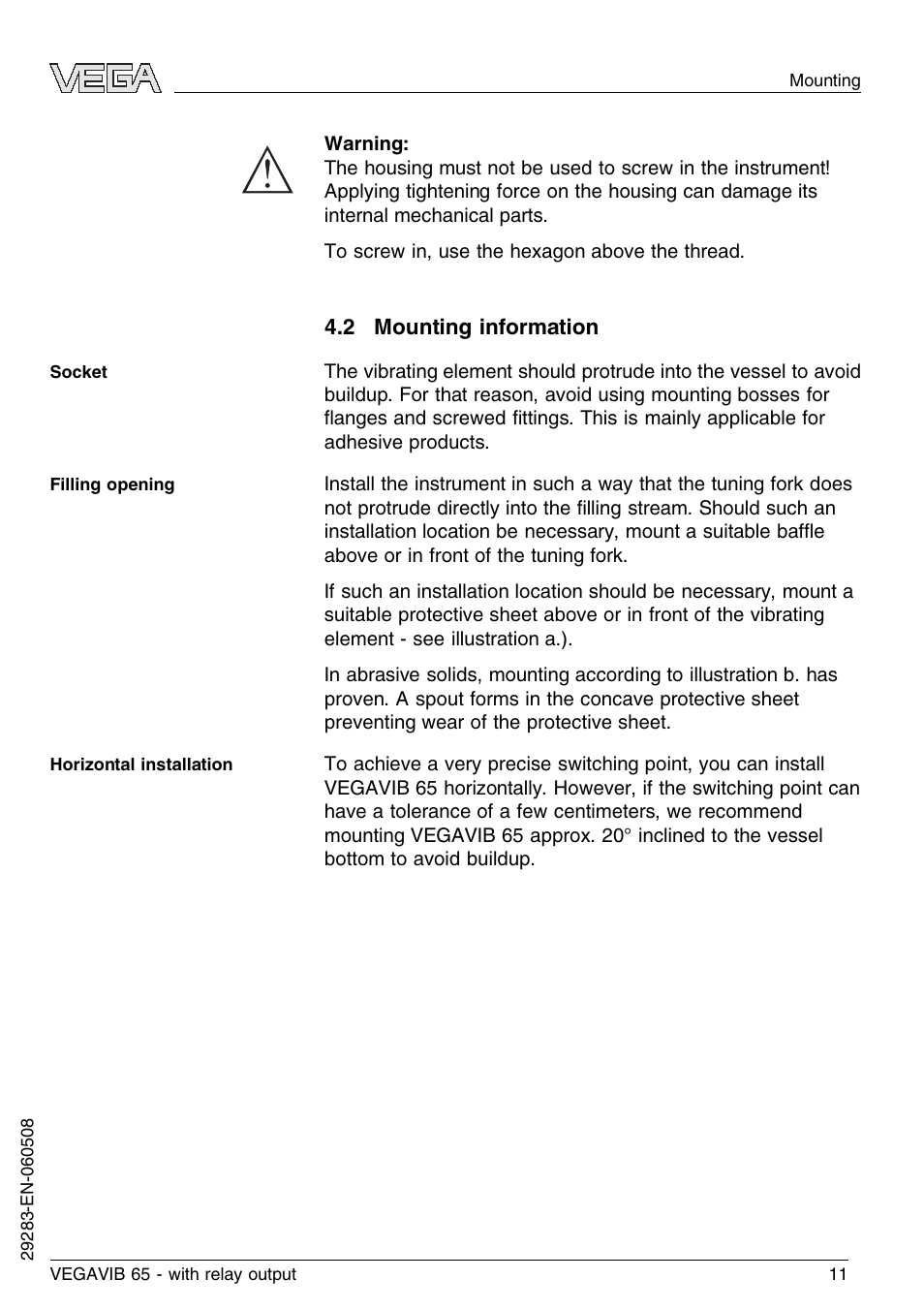 2 mounting information | VEGA VEGAVIB 65 - relay output User Manual | Page 11 / 36