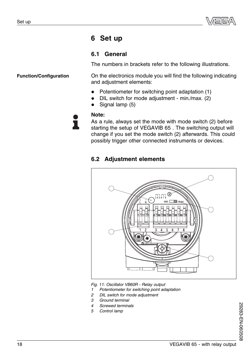 6 set up, 1 general, 2 adjustment elements | VEGA VEGAVIB 65 - relay output User Manual | Page 18 / 36