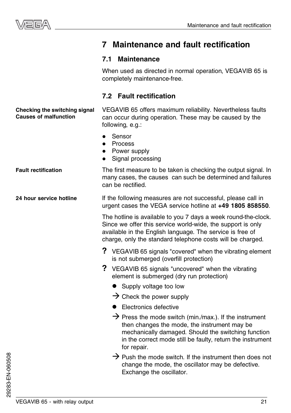 7 maintenance and fault rectification, 1 maintenance, 2 fault rectification | 7 maintenance and fault rectiﬁcation | VEGA VEGAVIB 65 - relay output User Manual | Page 21 / 36