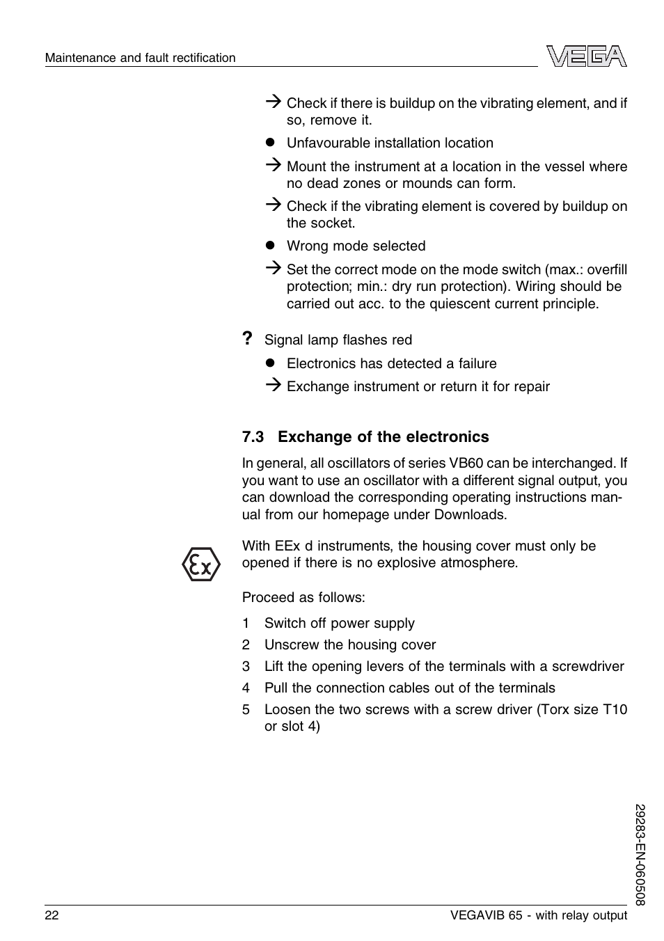 3 exchange of the electronics | VEGA VEGAVIB 65 - relay output User Manual | Page 22 / 36