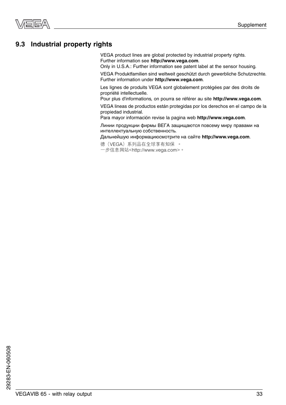 3 industrial property rights | VEGA VEGAVIB 65 - relay output User Manual | Page 33 / 36