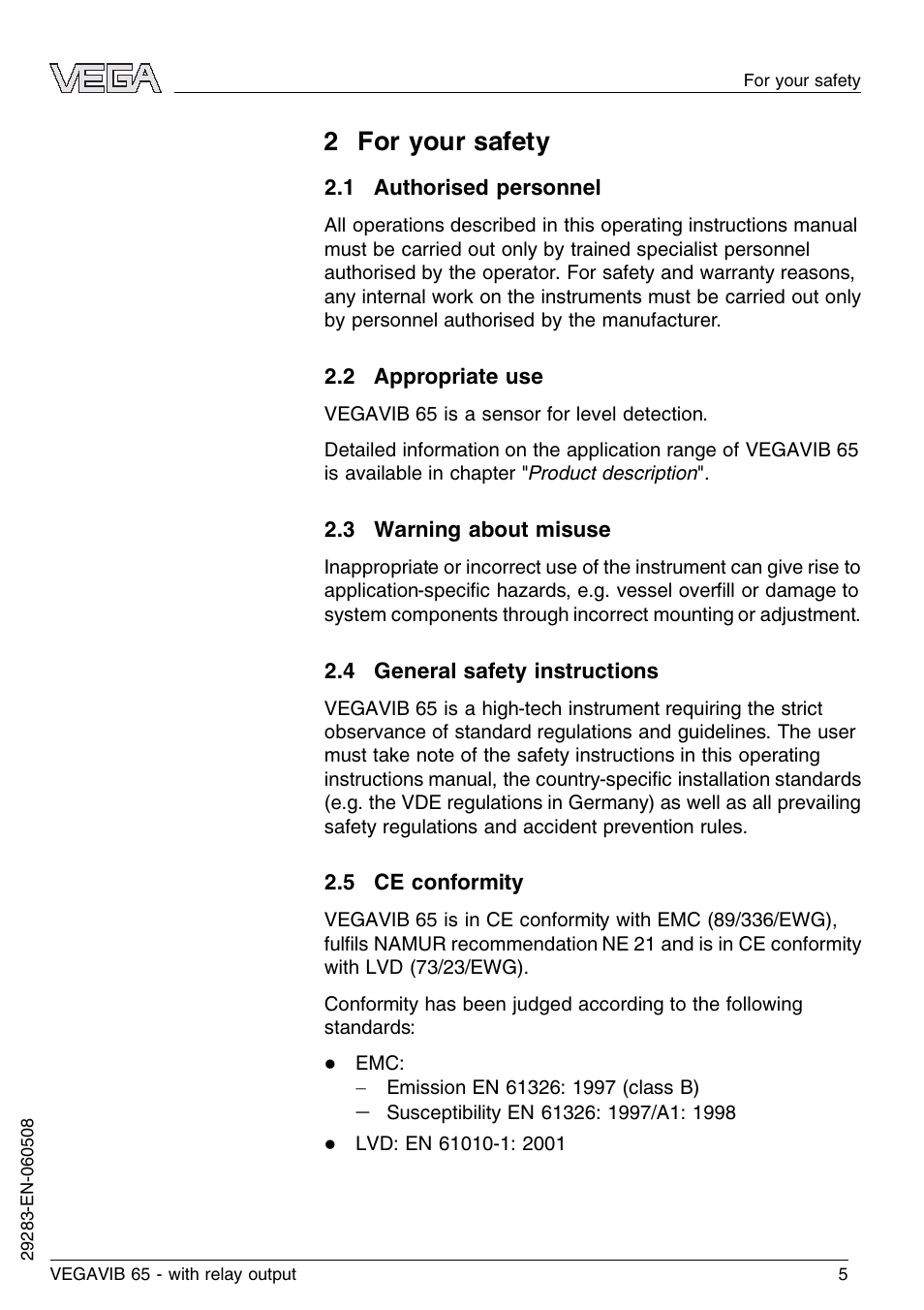2 for your safety, 1 authorised personnel, 2 appropriate use | 3 warning about misuse, 4 general safety instructions, 5 ce conformity | VEGA VEGAVIB 65 - relay output User Manual | Page 5 / 36