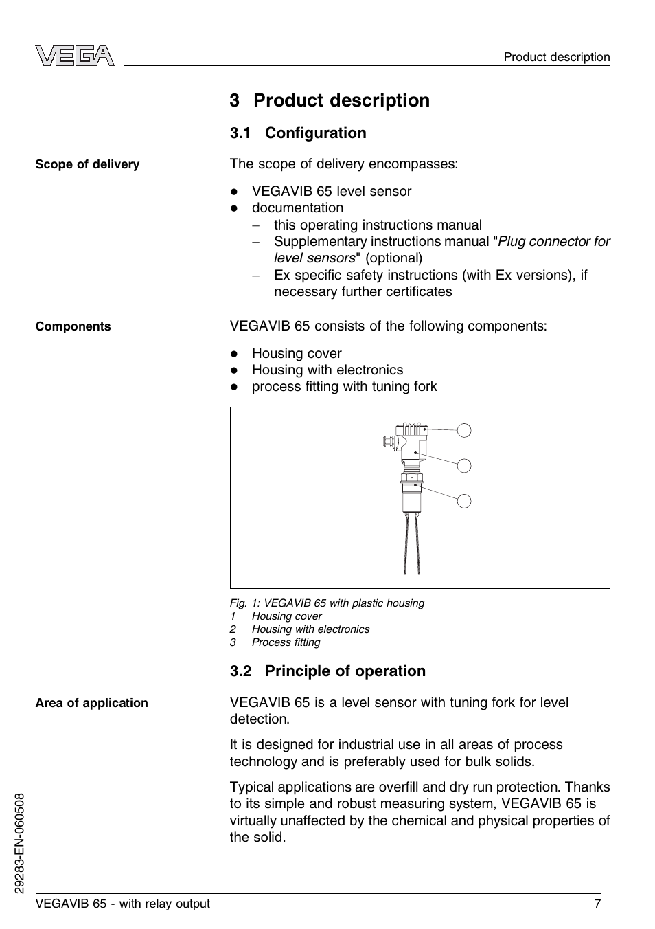 3 product description, 1 configuration, 2 principle of operation | VEGA VEGAVIB 65 - relay output User Manual | Page 7 / 36