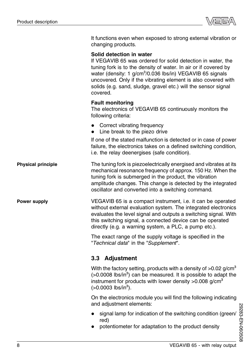 3 adjustment | VEGA VEGAVIB 65 - relay output User Manual | Page 8 / 36