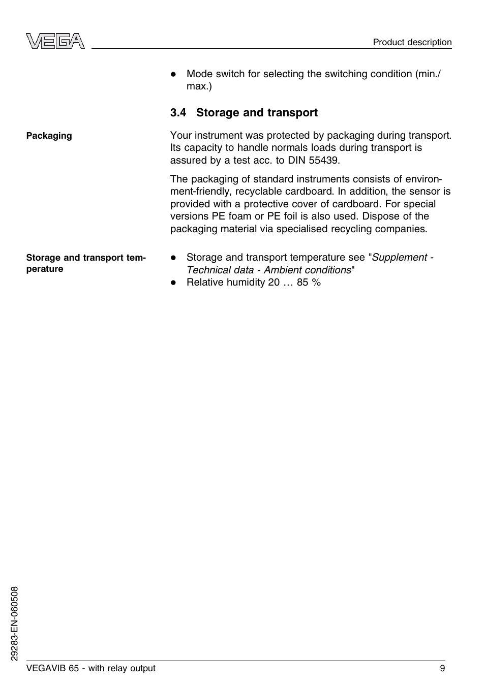 4 storage and transport | VEGA VEGAVIB 65 - relay output User Manual | Page 9 / 36