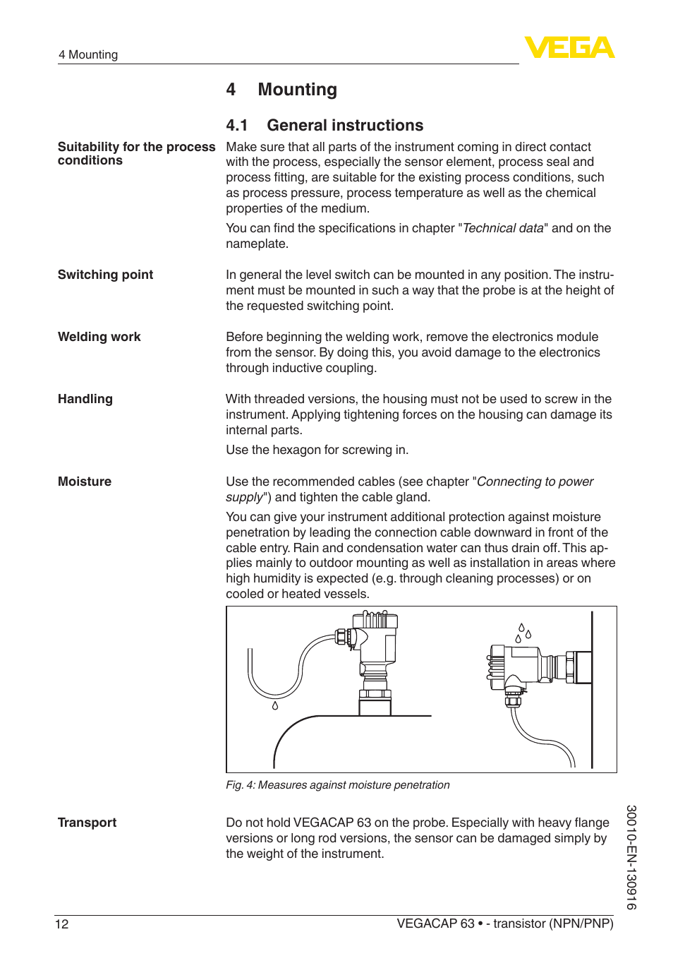 4 mounting, 1 general instructions | VEGA VEGACAP 63 - transistor (NPN_PNP) User Manual | Page 12 / 40