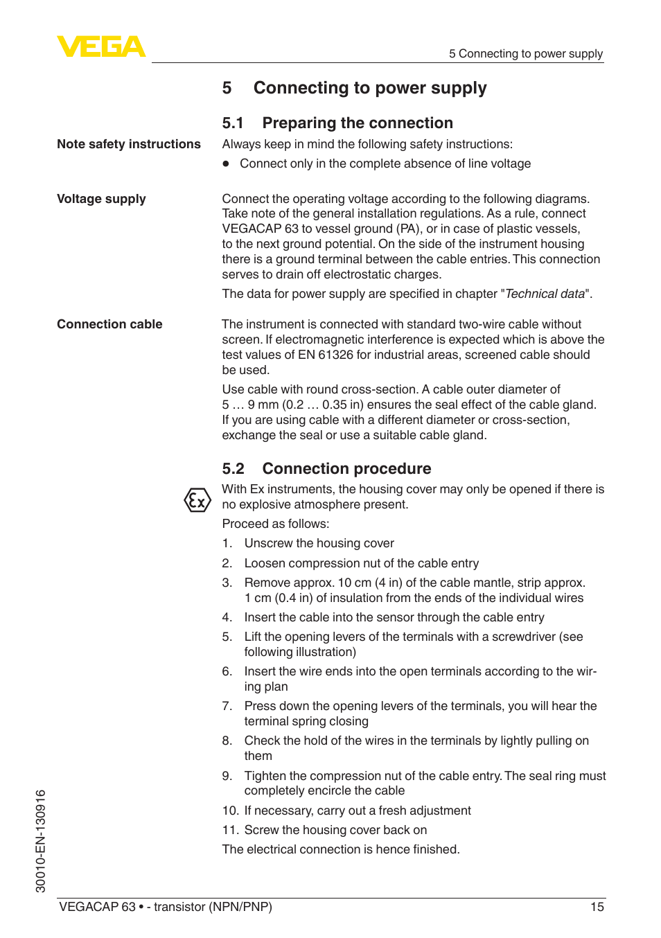 5 connecting to power supply, 1 preparing the connection, 2 connection procedure | VEGA VEGACAP 63 - transistor (NPN_PNP) User Manual | Page 15 / 40