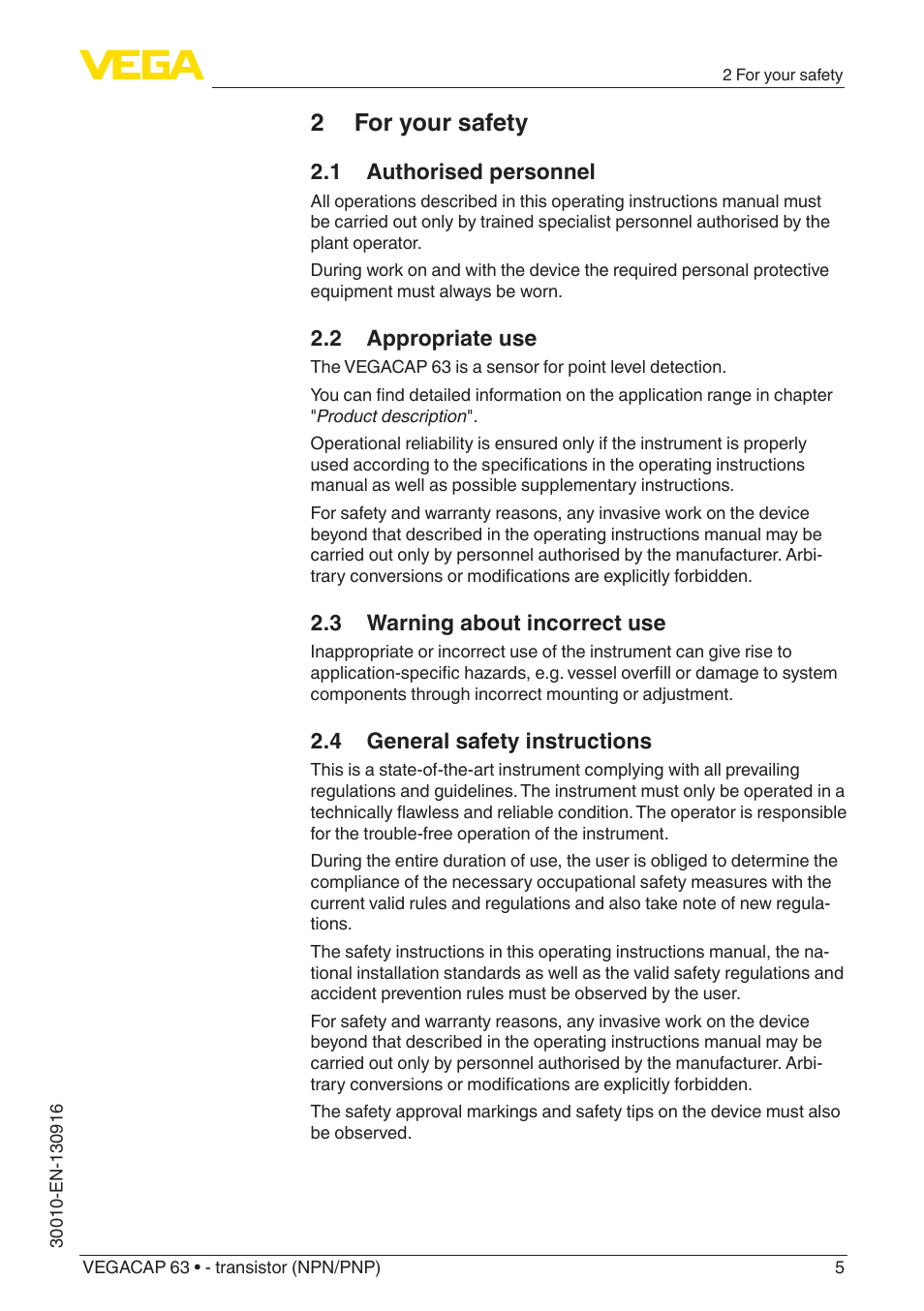 2 for your safety, 1 authorised personnel, 2 appropriate use | 3 warning about incorrect use, 4 general safety instructions | VEGA VEGACAP 63 - transistor (NPN_PNP) User Manual | Page 5 / 40