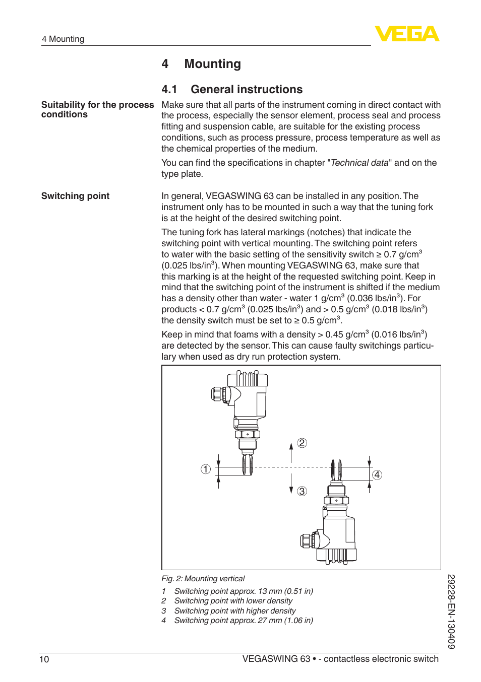 4 mounting, 1 general instructions | VEGA VEGASWING 63 - contactless electronic switch User Manual | Page 10 / 36