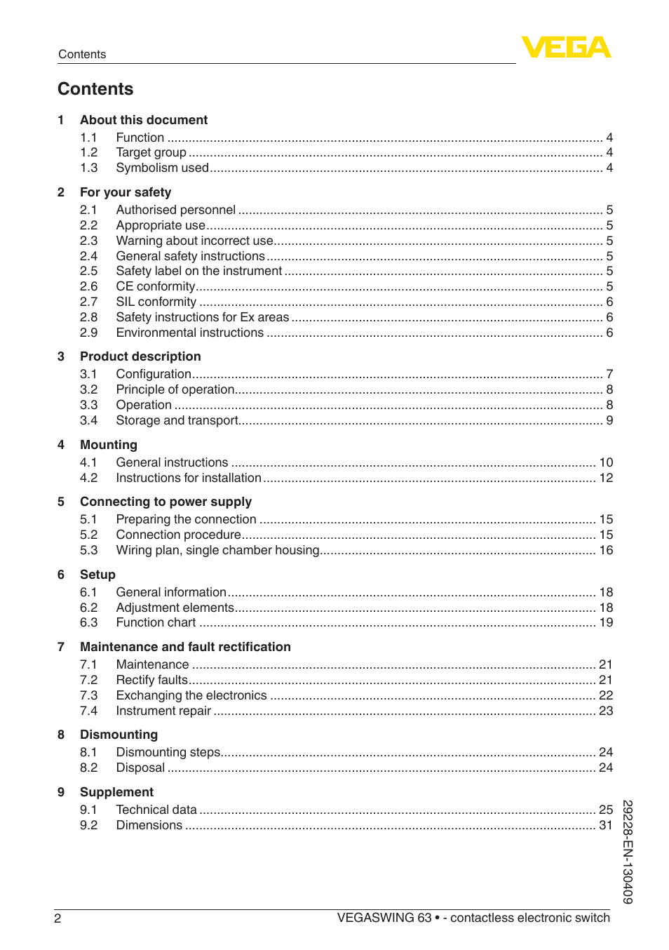 VEGA VEGASWING 63 - contactless electronic switch User Manual | Page 2 / 36