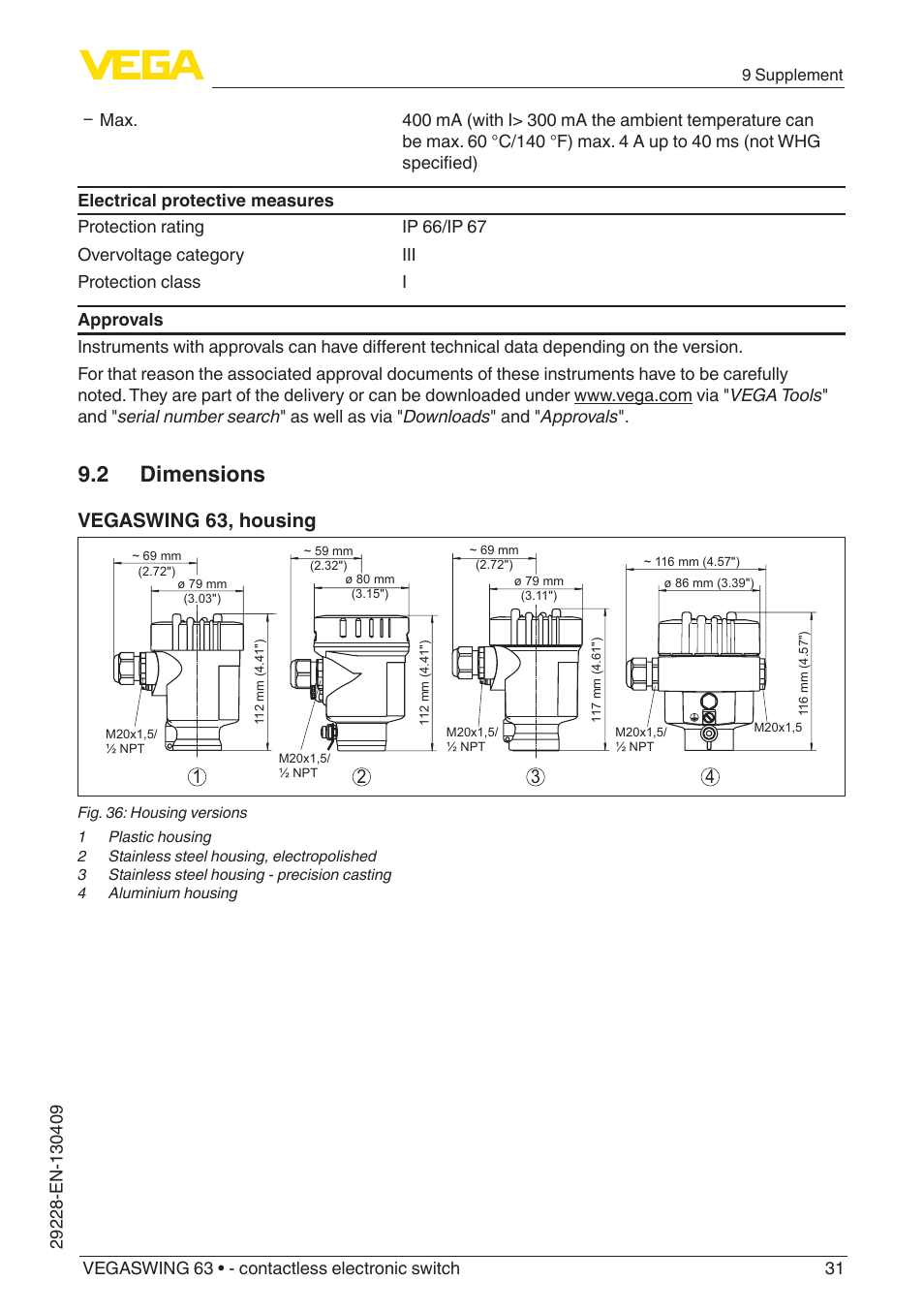 2 dimensions, Vegaswing 63, housing | VEGA VEGASWING 63 - contactless electronic switch User Manual | Page 31 / 36