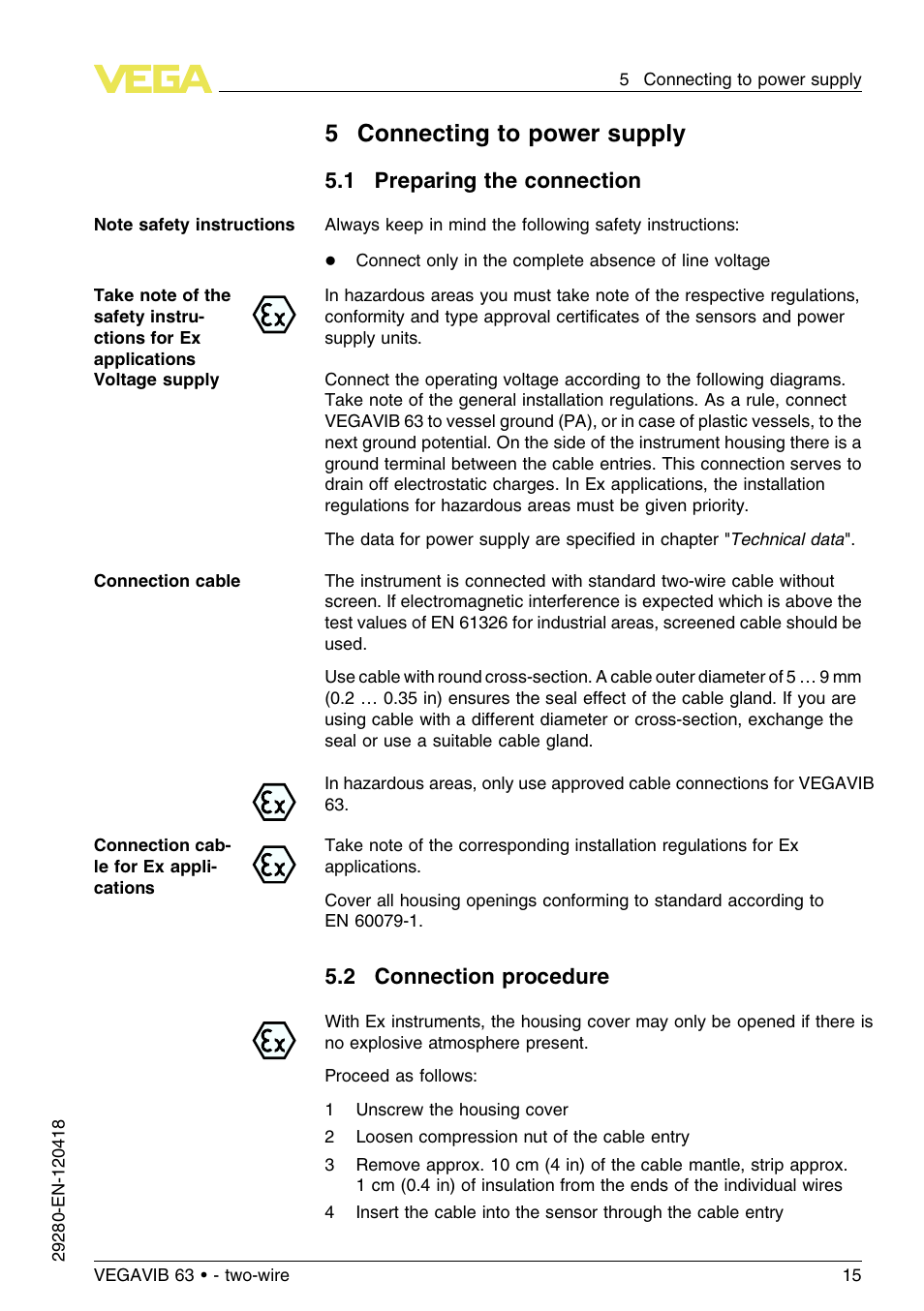 5 connecting to power supply, 1 preparing the connection, 2 connection procedure | 5connecting to power supply | VEGA VEGAVIB 63 - two-wire User Manual | Page 15 / 40