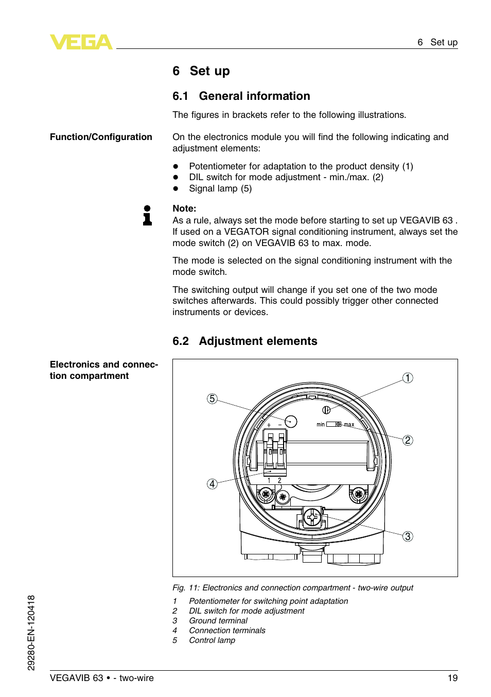 6 set up, 1 general information, 2 adjustment elements | 6set up | VEGA VEGAVIB 63 - two-wire User Manual | Page 19 / 40