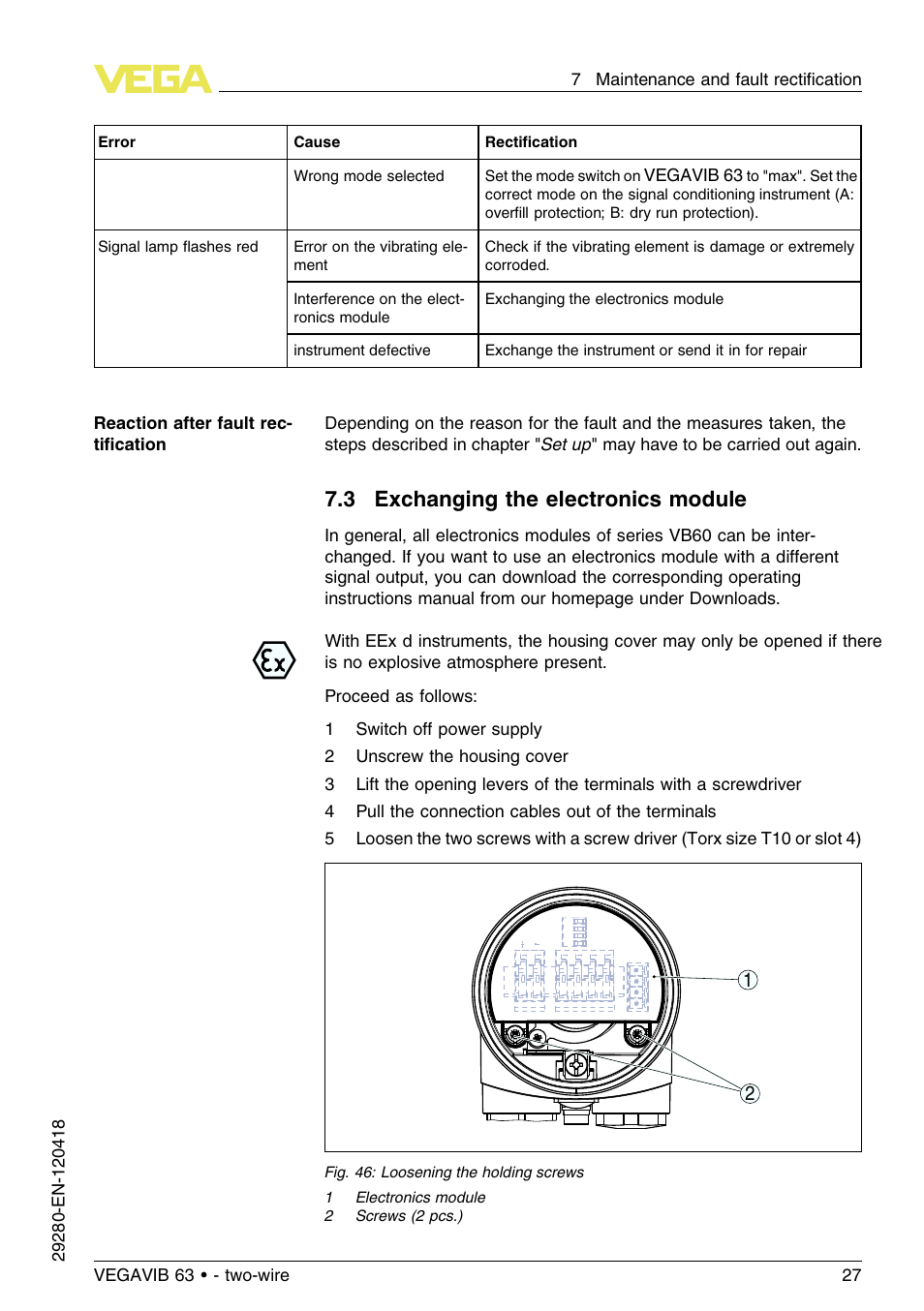 3 exchanging the electronics module | VEGA VEGAVIB 63 - two-wire User Manual | Page 27 / 40