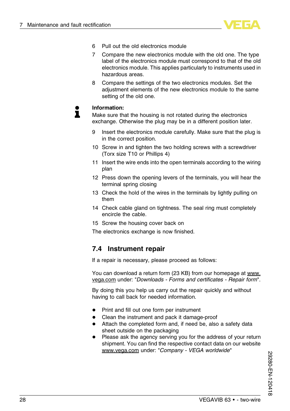 4 instrument repair | VEGA VEGAVIB 63 - two-wire User Manual | Page 28 / 40
