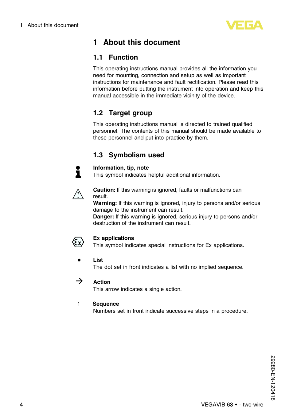 1 about this document, 1 function, 2 target group | 3 symbolism used, 1about this document | VEGA VEGAVIB 63 - two-wire User Manual | Page 4 / 40