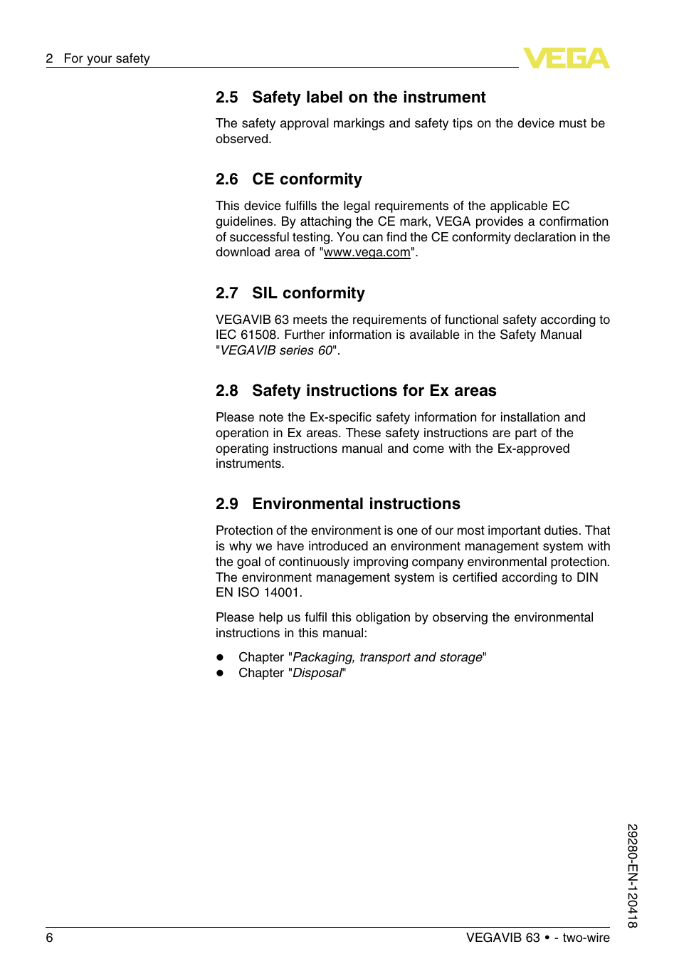 5 safety label on the instrument, 6 ce conformity, 7 sil conformity | 8 safety instructions for ex areas, 9 environmental instructions | VEGA VEGAVIB 63 - two-wire User Manual | Page 6 / 40