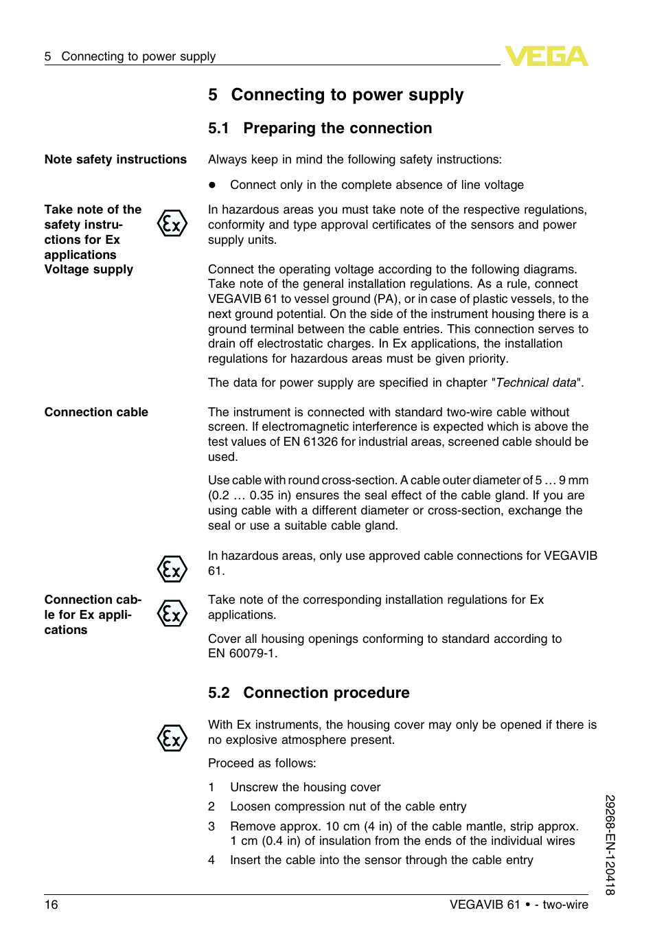 5 connecting to power supply, 1 preparing the connection, 2 connection procedure | 5connecting to power supply | VEGA VEGAVIB 61 - two-wire User Manual | Page 16 / 40