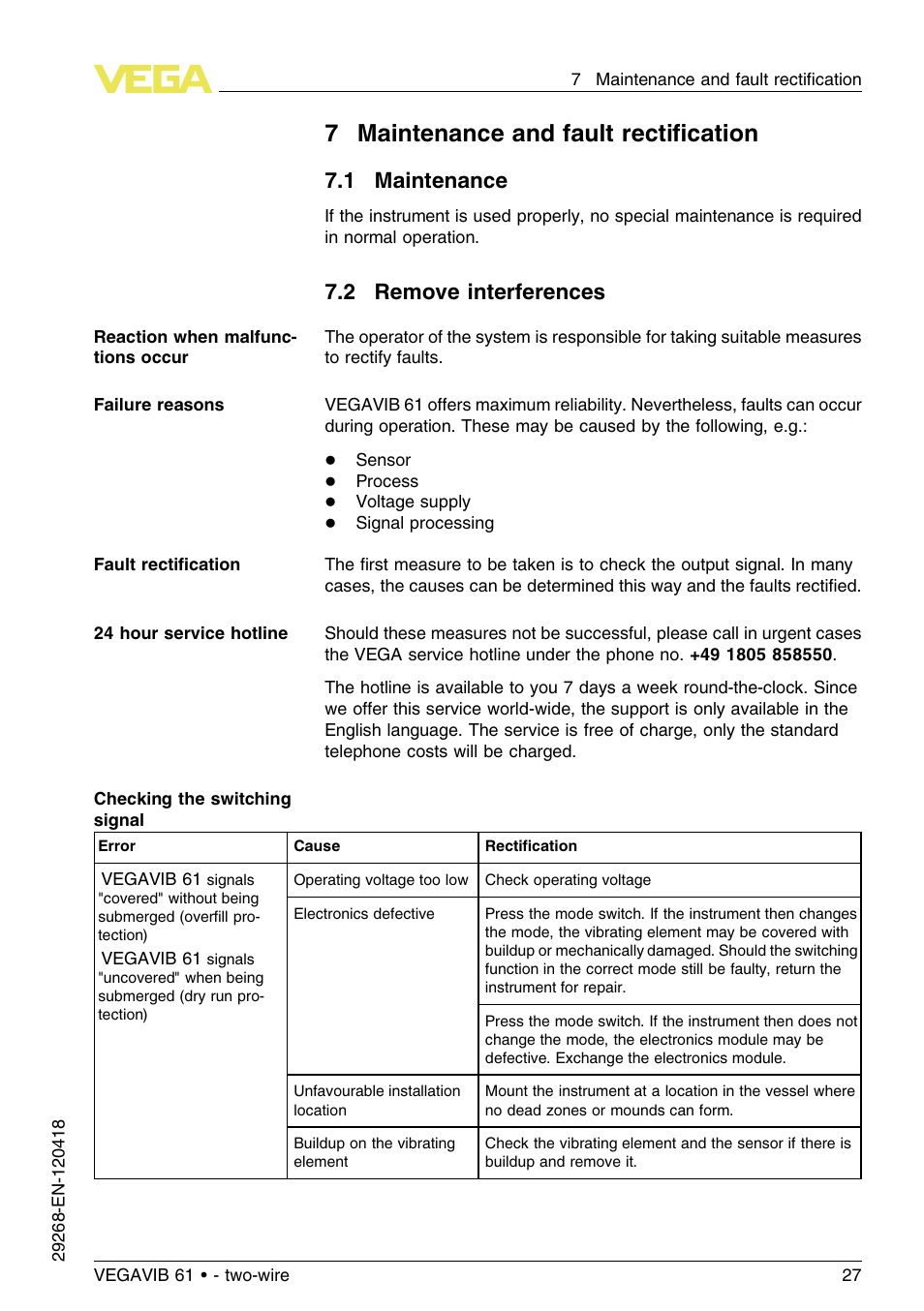 7 maintenance and fault rectification, 1 maintenance, 2 remove interferences | 7maintenance and fault rectiﬁcation | VEGA VEGAVIB 61 - two-wire User Manual | Page 27 / 40