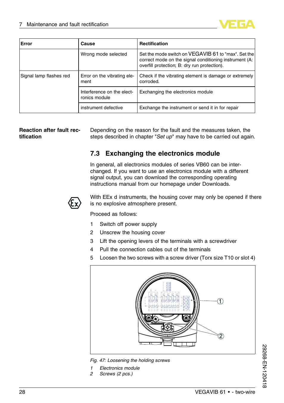 3 exchanging the electronics module | VEGA VEGAVIB 61 - two-wire User Manual | Page 28 / 40