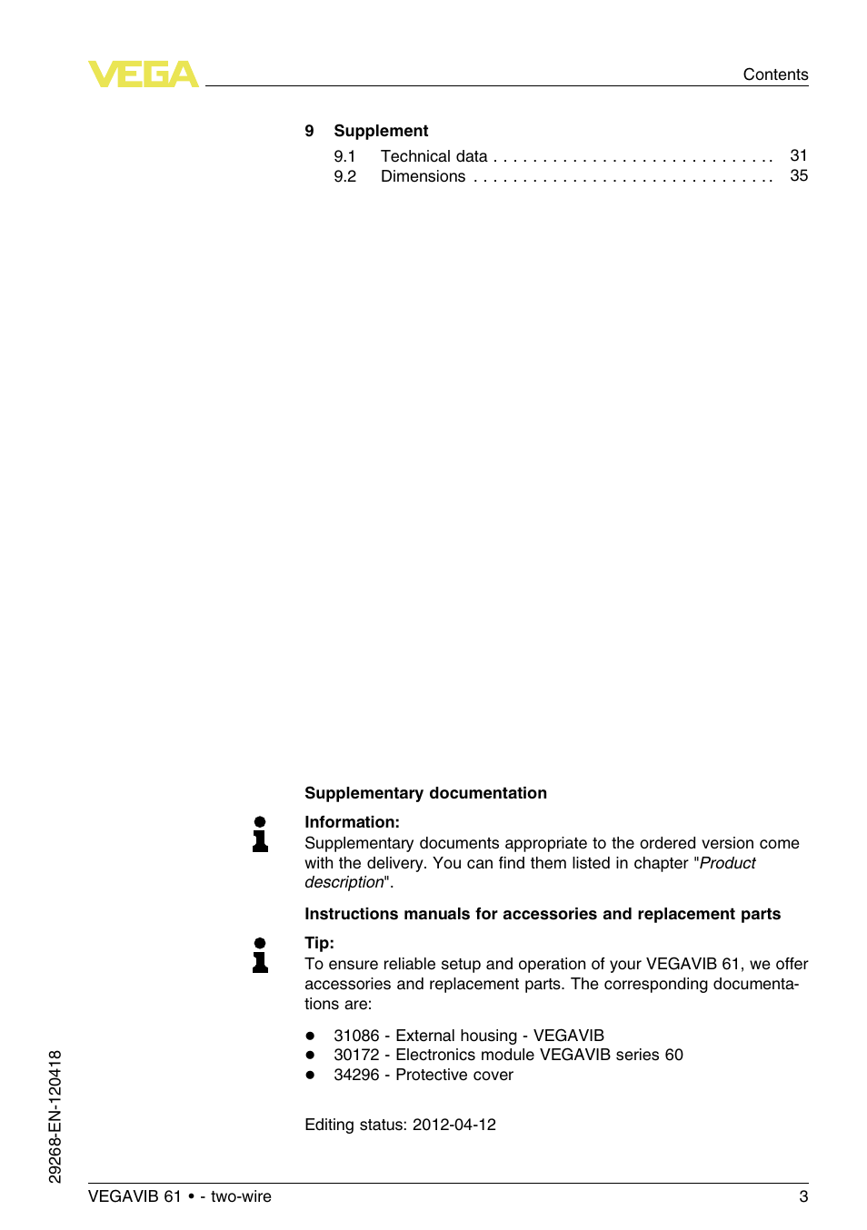 VEGA VEGAVIB 61 - two-wire User Manual | Page 3 / 40