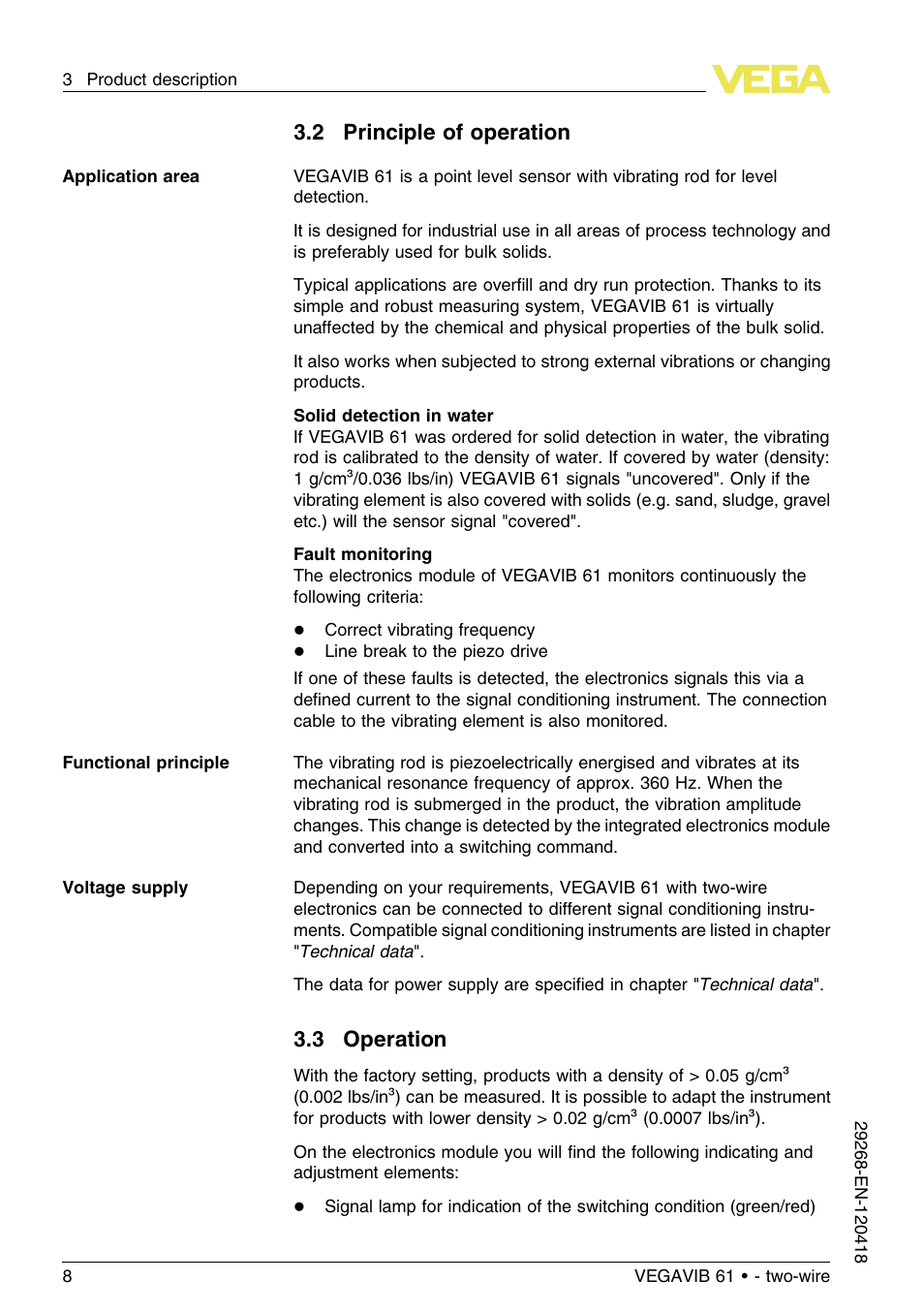 2 principle of operation, 3 operation | VEGA VEGAVIB 61 - two-wire User Manual | Page 8 / 40