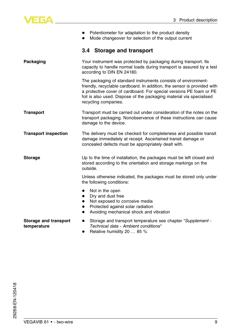 4 storage and transport | VEGA VEGAVIB 61 - two-wire User Manual | Page 9 / 40