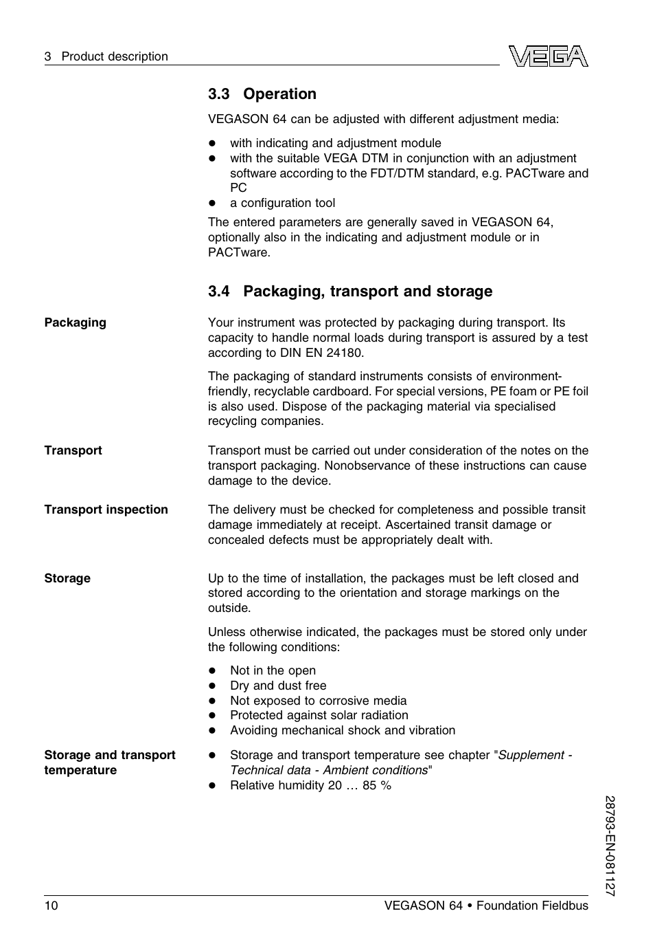 3 operation, 4 packaging, transport and storage | VEGA VEGASON 64 Foundation Fieldbus User Manual | Page 10 / 64